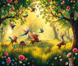 Colorful Animated Forest with Dancing Animals – free AI stock image