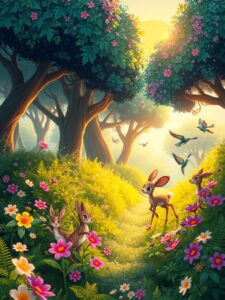 Colorful Animated Forest with Dancing Animals – free AI stock image
