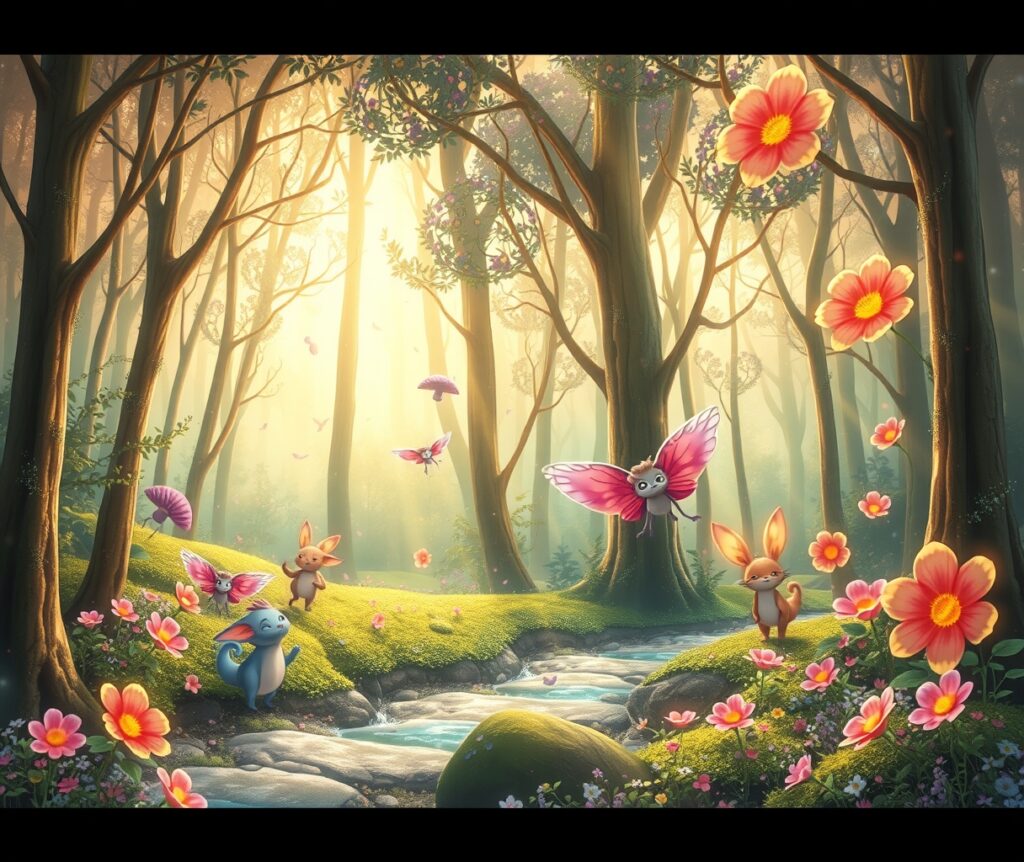 Colorful Animated Forest with Dancing Creatures – free AI stock image
