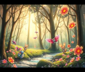 Colorful Animated Forest with Dancing Creatures – free AI stock image