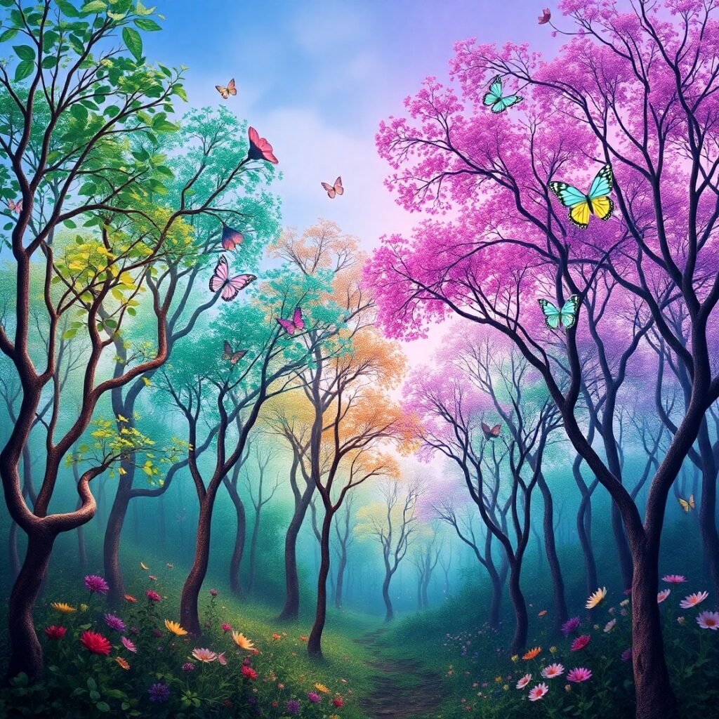 Colorful Animated Forest with Dancing Trees – free AI stock image