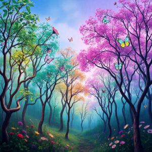 Colorful Animated Forest with Dancing Trees – free AI stock image