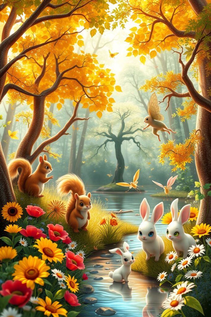 Colorful Animated Forest with Enchanted Creatures – free AI stock image