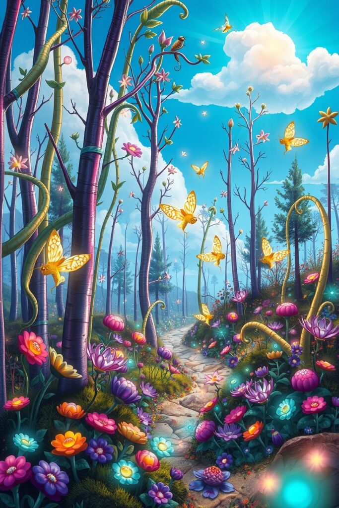 Colorful Animated Forest with Glowing Creatures – free AI stock image
