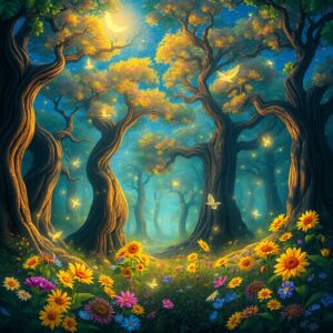 Colorful Animated Forest with Twinkling Fireflies – free AI stock image