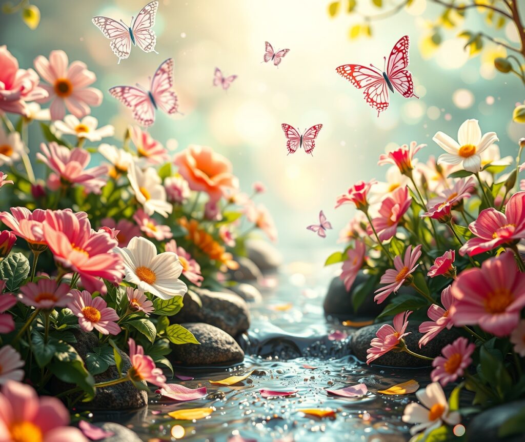 Colorful Animated Garden Scene with Flowers – free AI stock image