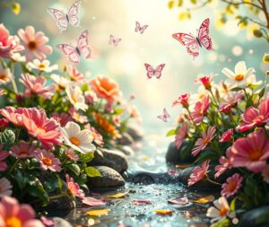 Colorful Animated Garden Scene with Flowers – free AI stock image