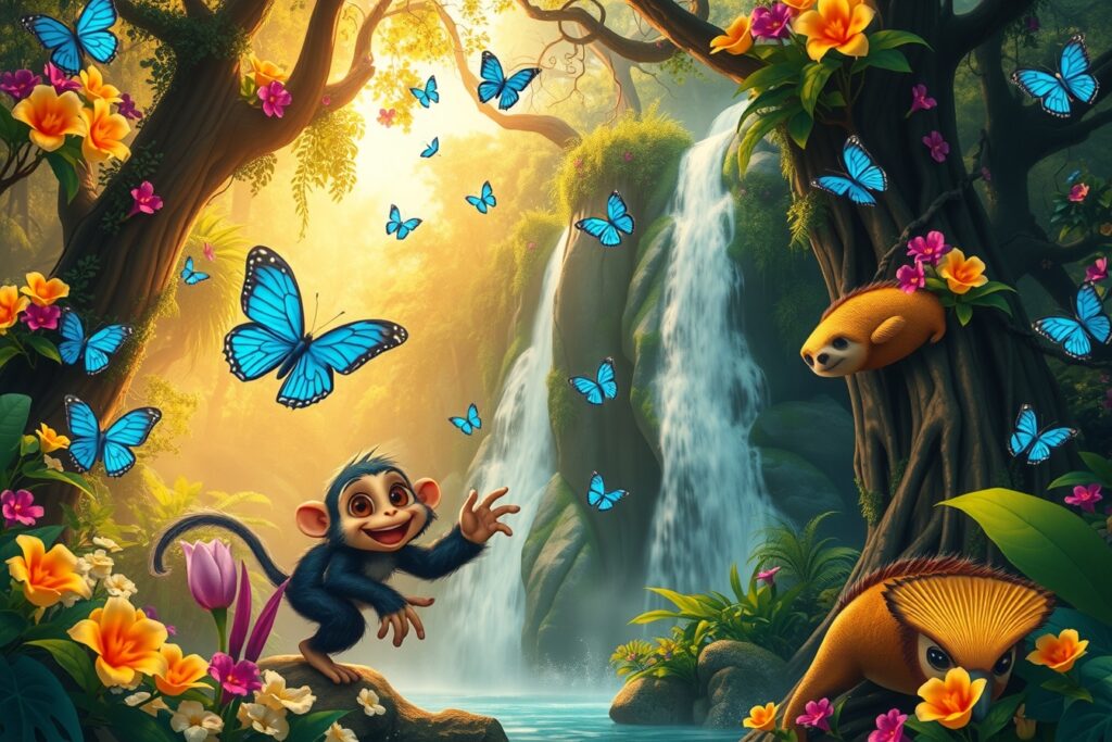 Colorful Animated Jungle Adventure – free AI stock image