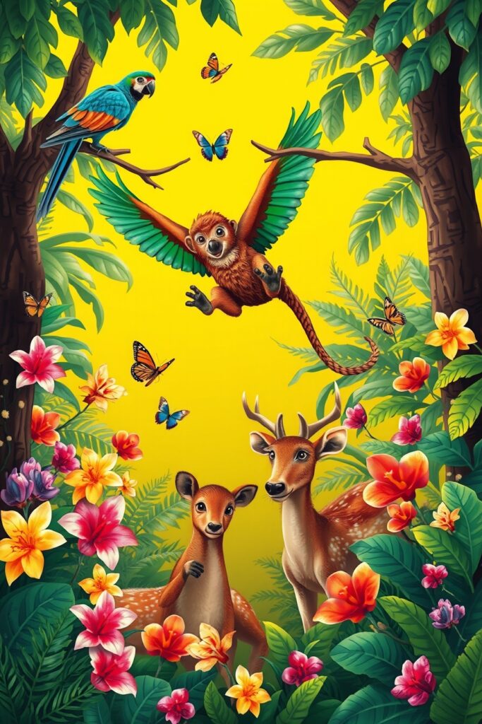 Colorful Animated Jungle Scene with Animals – free AI stock image