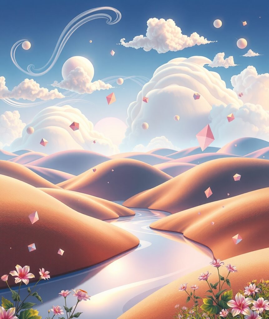 Colorful Animated Landscape with Floating Elements – free AI stock image