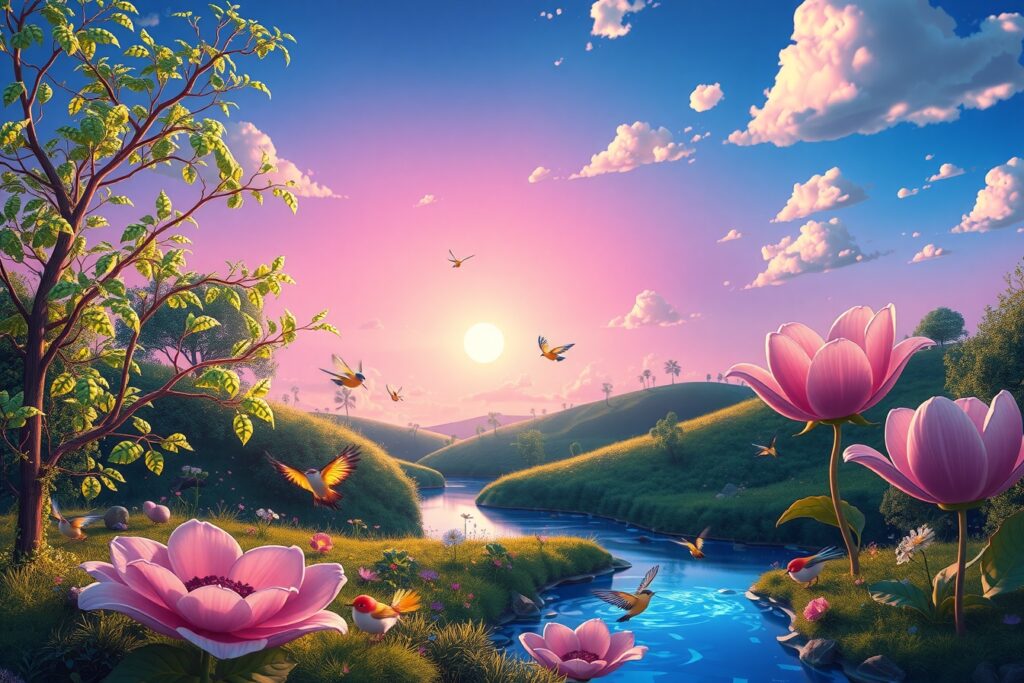 Colorful Animated Landscape with Mystical Creatures – free AI stock image