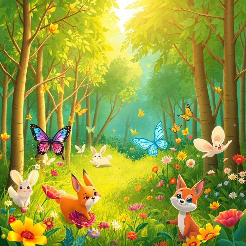 Colorful Animated Nature Scene with Wildlife – free AI stock image