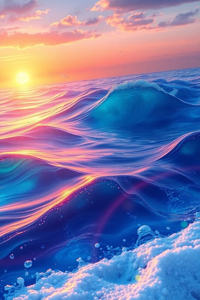 Colorful Animated Ocean Waves at Sunset – free AI stock image