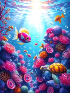 Colorful Animated Underwater Fantasy Scene – free AI stock image