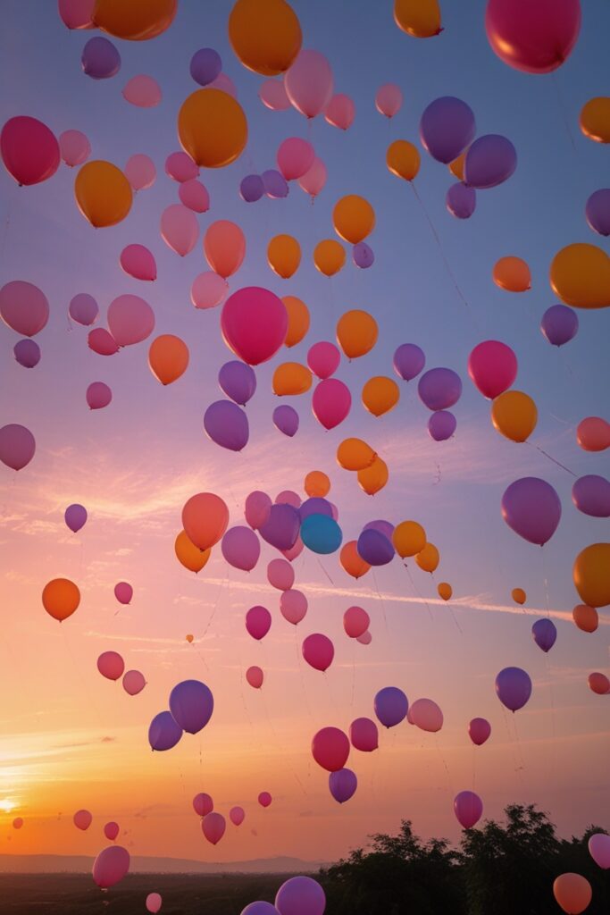 Colorful Balloons Ascending into a Sunset – free AI stock image