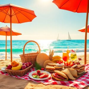 Colorful Beach Picnic During Summer Holidays – free AI stock image