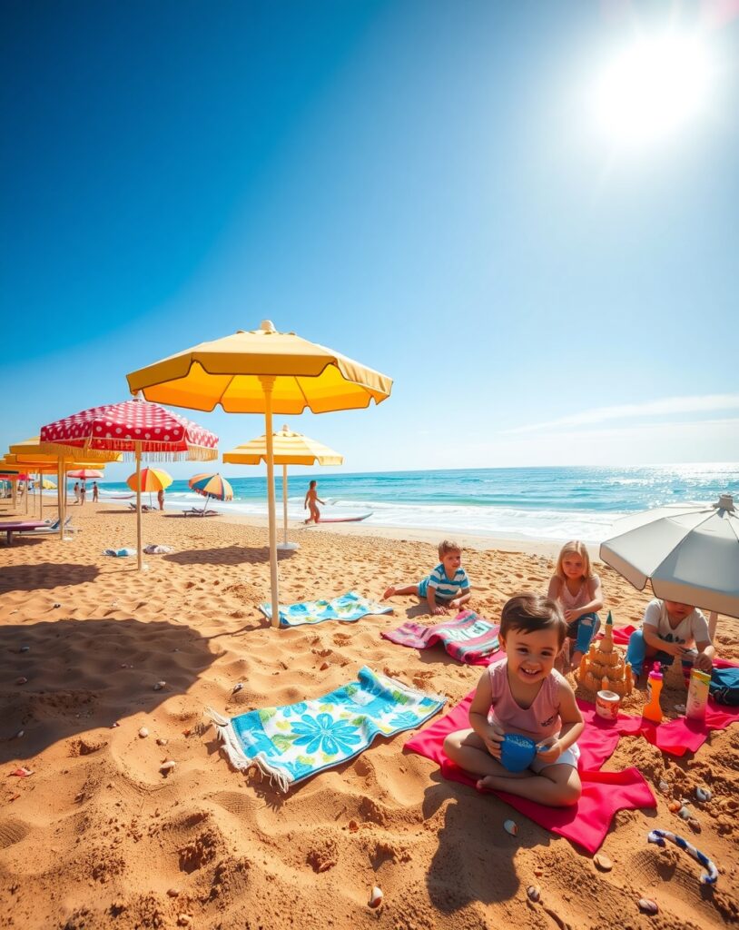 Colorful Beach Umbrellas on a Sunny Day – free AI stock image