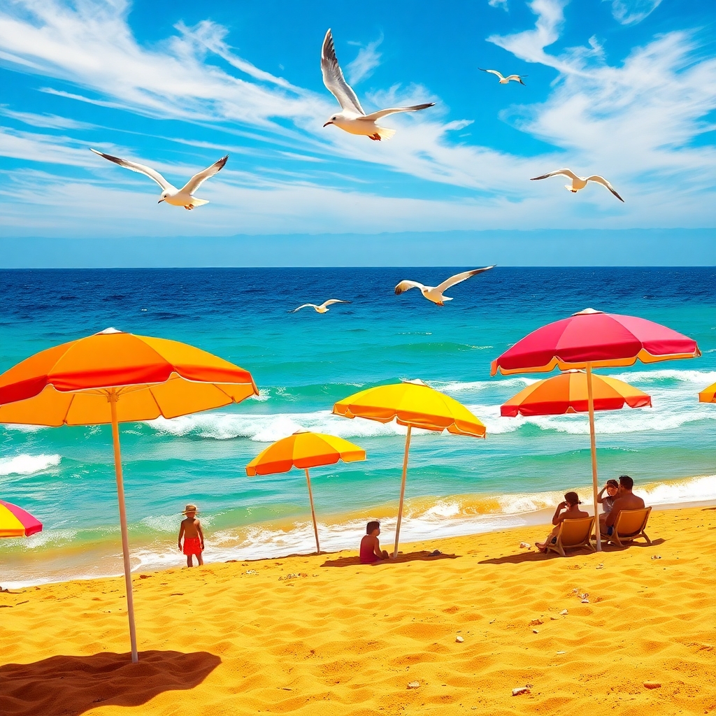 Colorful Beach Umbrellas on Sunny Shoreline – free AI stock image