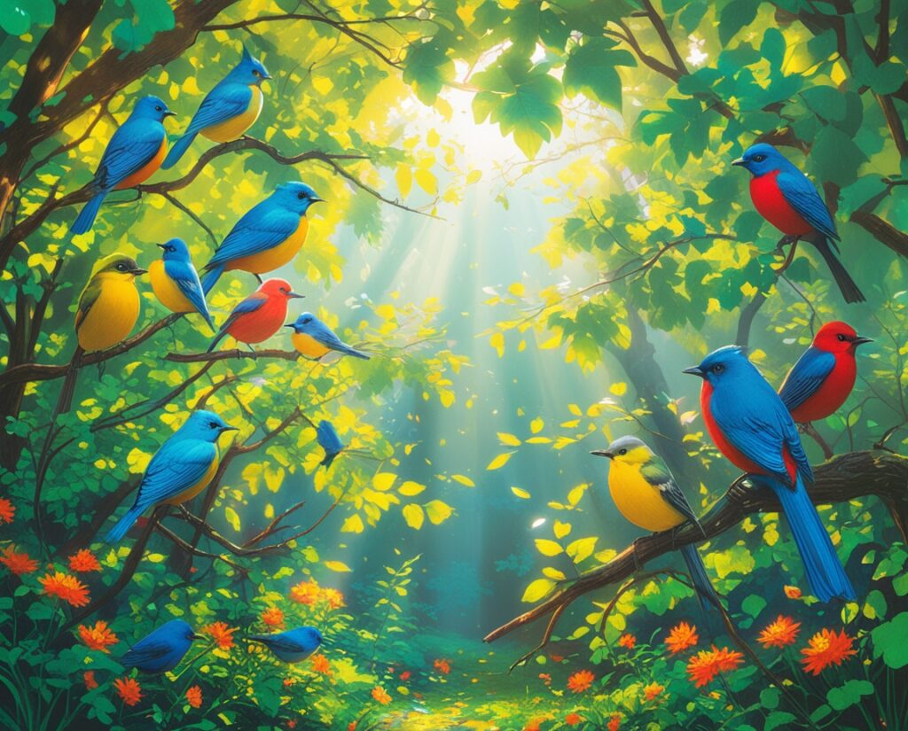 Colorful Birds in a Tranquil Forest – free AI stock image