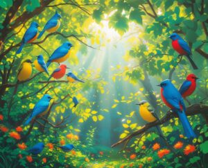 Colorful Birds in a Tranquil Forest – free AI stock image