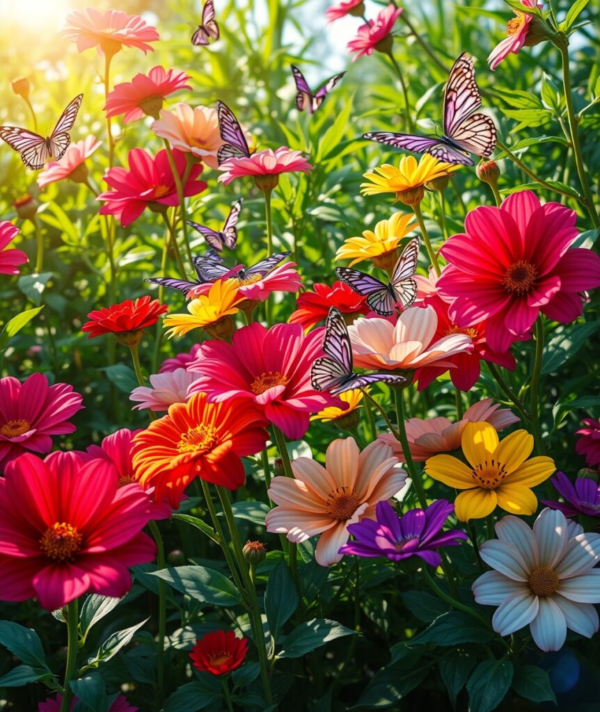 Colorful Blossoms in a Sunlit Garden – free AI stock image