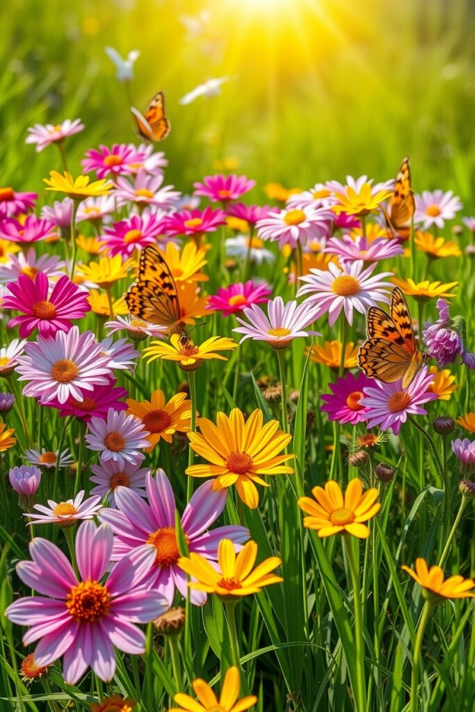Colorful Blossoms in a Sunlit Meadow – free AI stock image