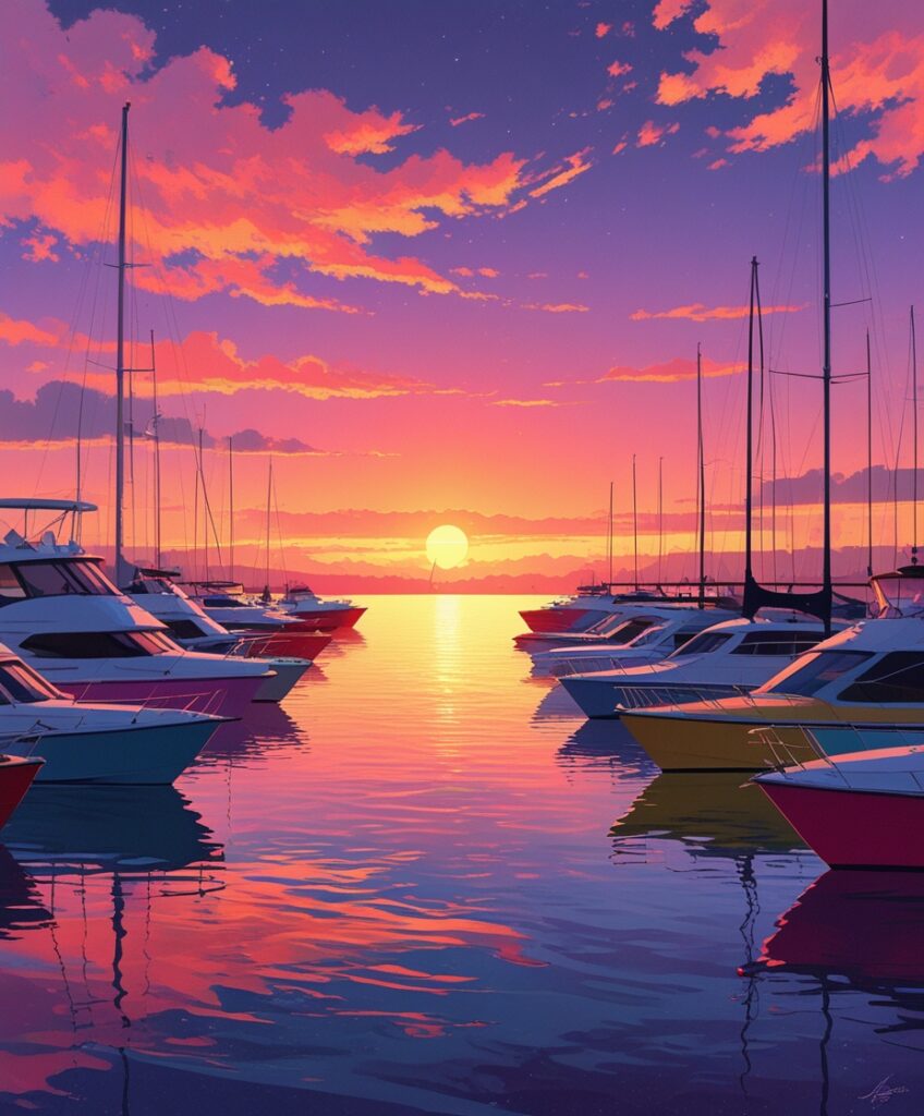 Colorful Boats Docked at Sunset – free AI stock image