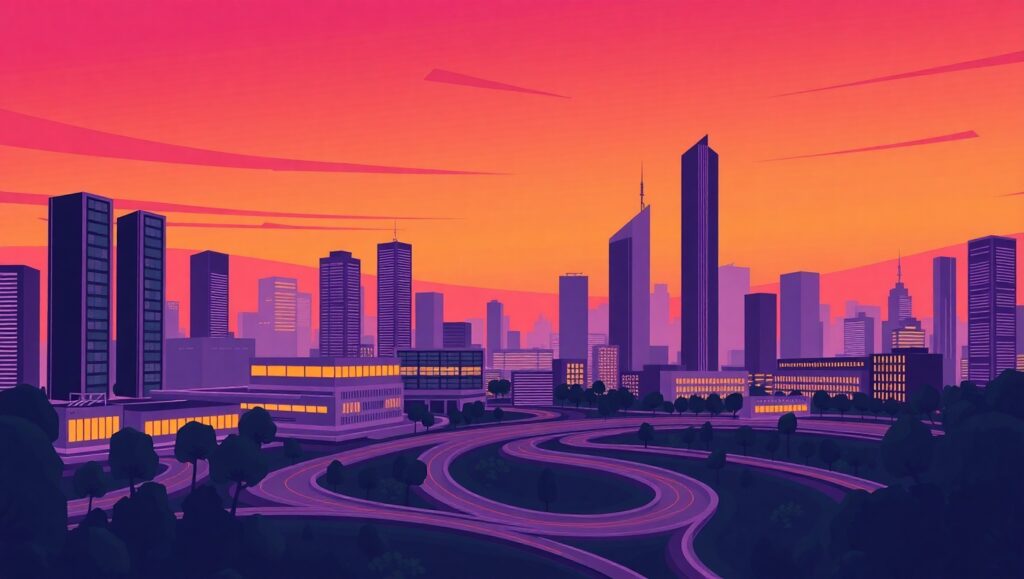 Colorful City Skyline at Sunset – free AI stock image