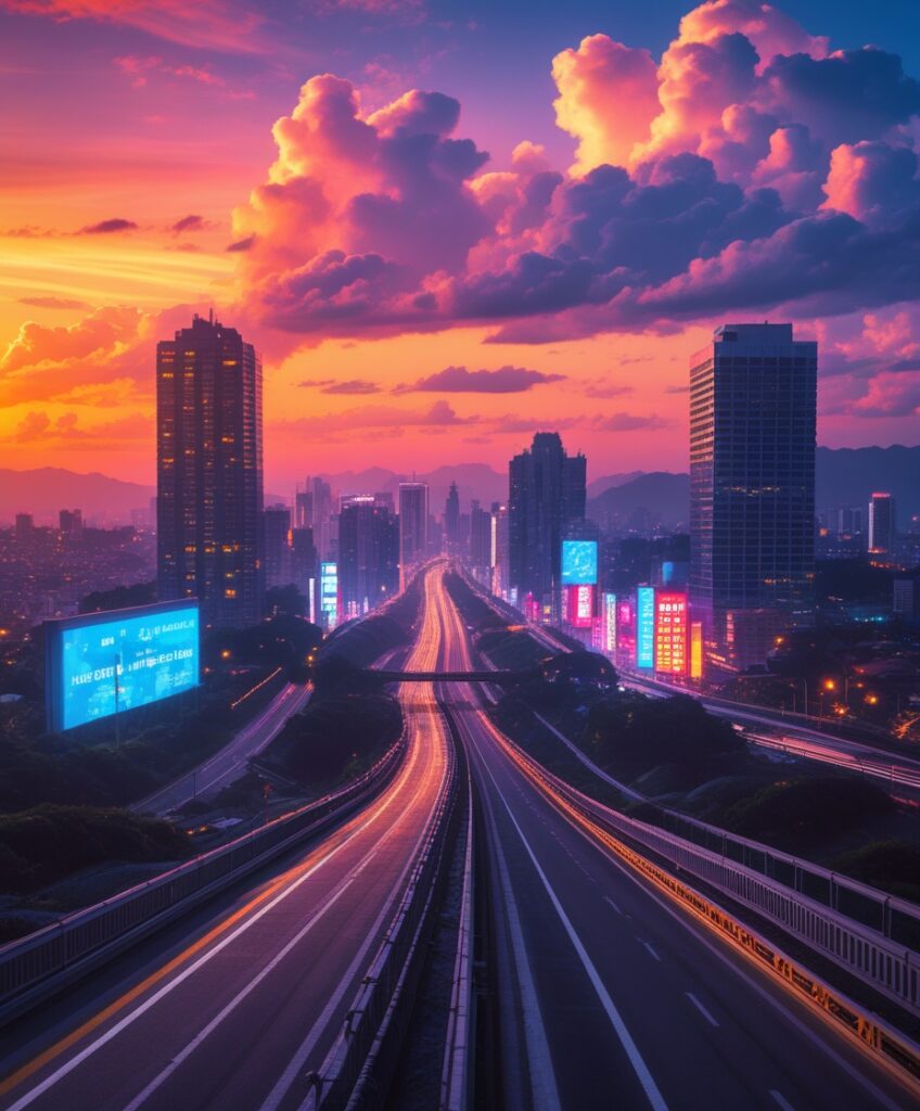 Colorful Cityscape at Sunset During a Road Trip – free AI stock image