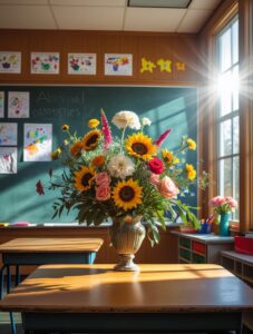 Colorful Classroom Flower Arrangement – free AI stock image