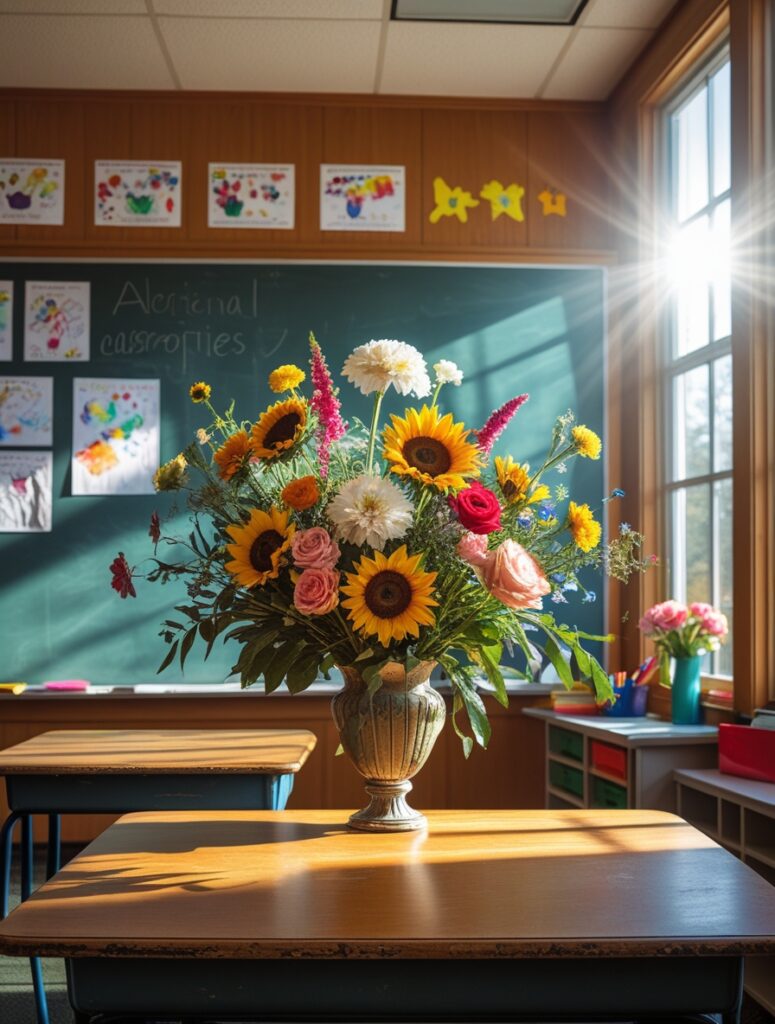 Colorful Classroom Flower Arrangement – free AI stock image