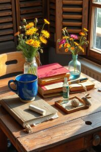 Colorful Everyday Objects on a Wooden Table – free AI stock image