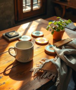 Colorful Everyday Objects on a Wooden Table – free AI stock image