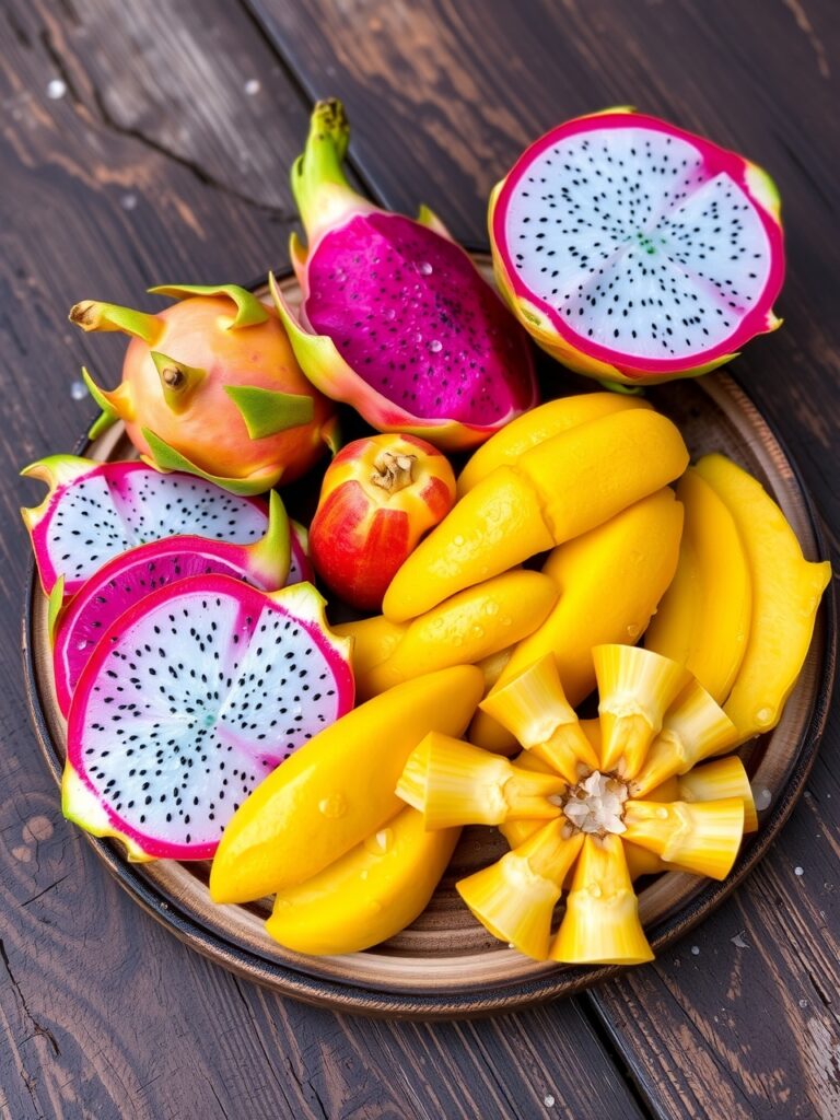 Colorful Exotic Fruits on a Wooden Platter – free AI stock image