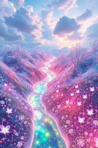 Colorful Fantasy Landscape with Animated Creatures – free AI stock image