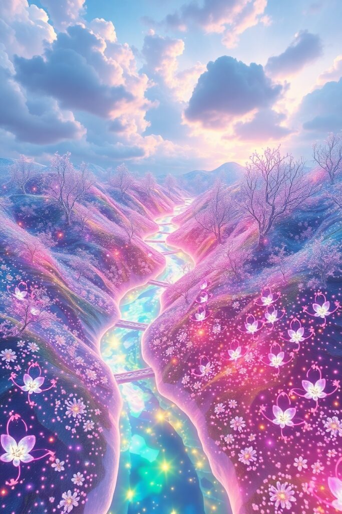 Colorful Fantasy Landscape with Animated Creatures – free AI stock image