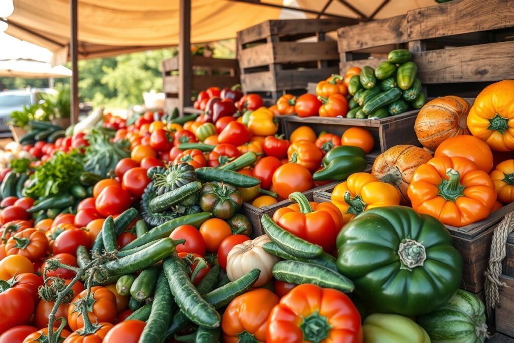 Colorful Farmers Market Vegetable Display – free AI stock image