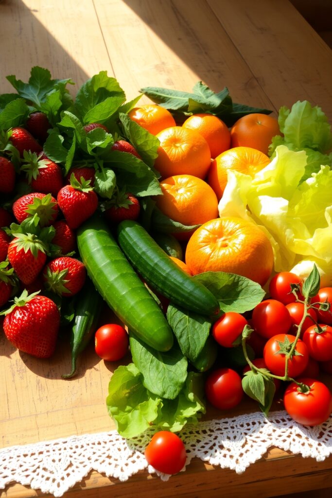 A Colorful Feast of Fresh Fruits and Veggies – free AI stock image