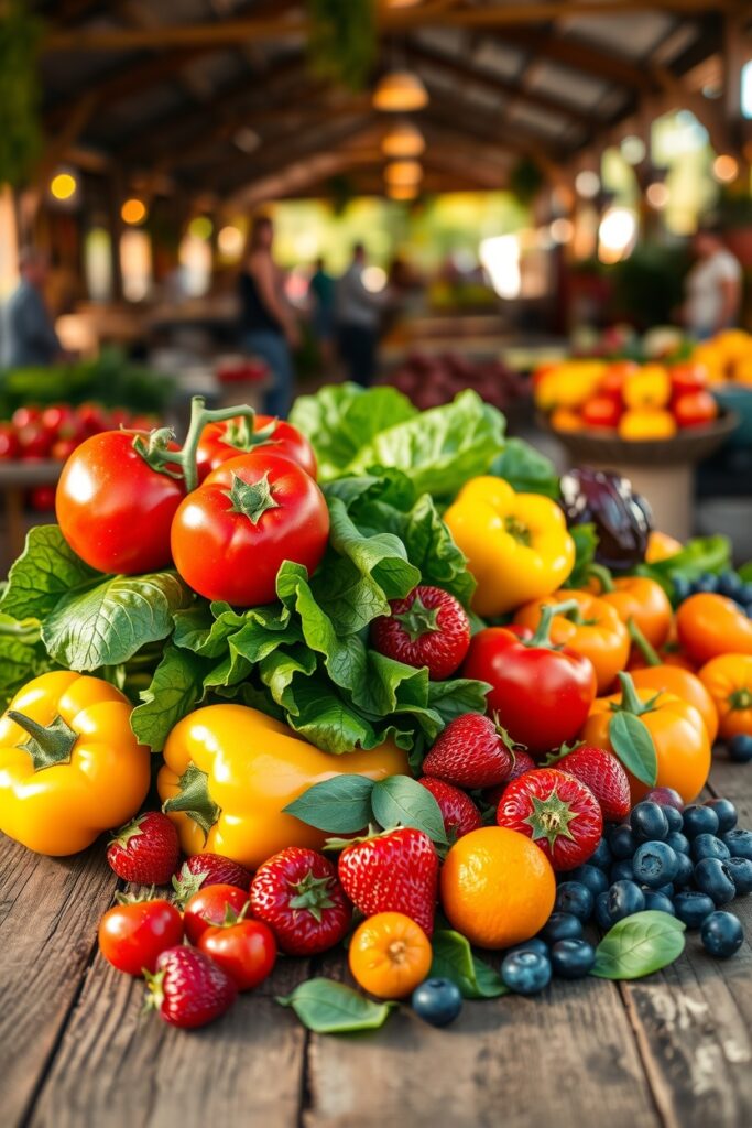 Colorful Feast of Fresh Fruits and Vegetables – free AI stock image