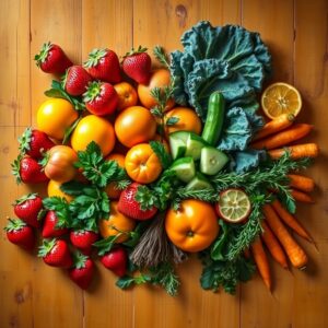 Colorful Feast of Fresh Fruits and Veggies – free AI stock image