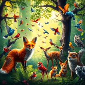 Colorful Forest Animals Gathering Together – free AI stock image