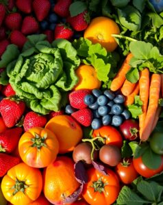Colorful Fresh Market Food Display – free AI stock image