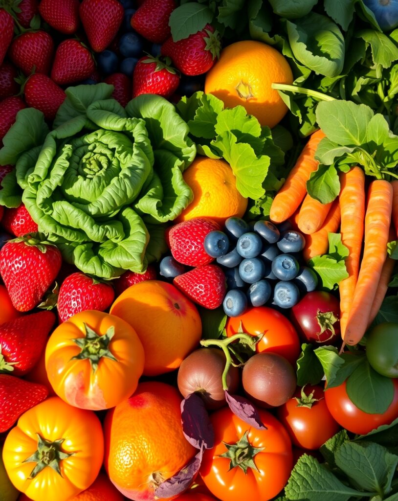Colorful Fresh Market Food Display – free AI stock image