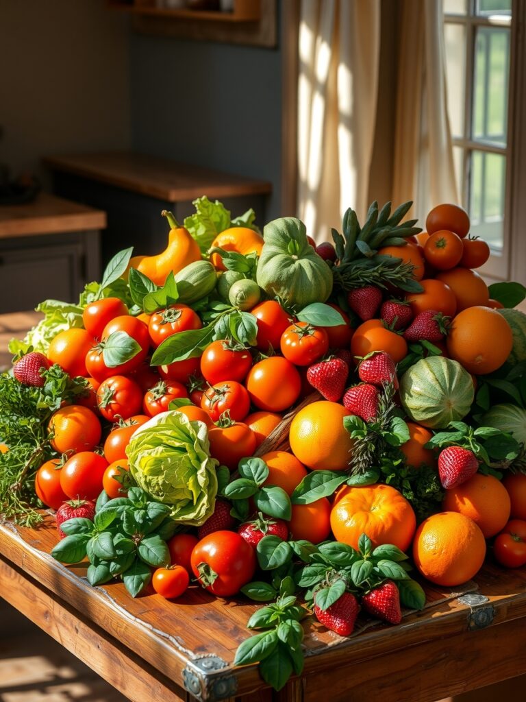 A Colorful Fruit and Vegetable Feast – free AI stock image