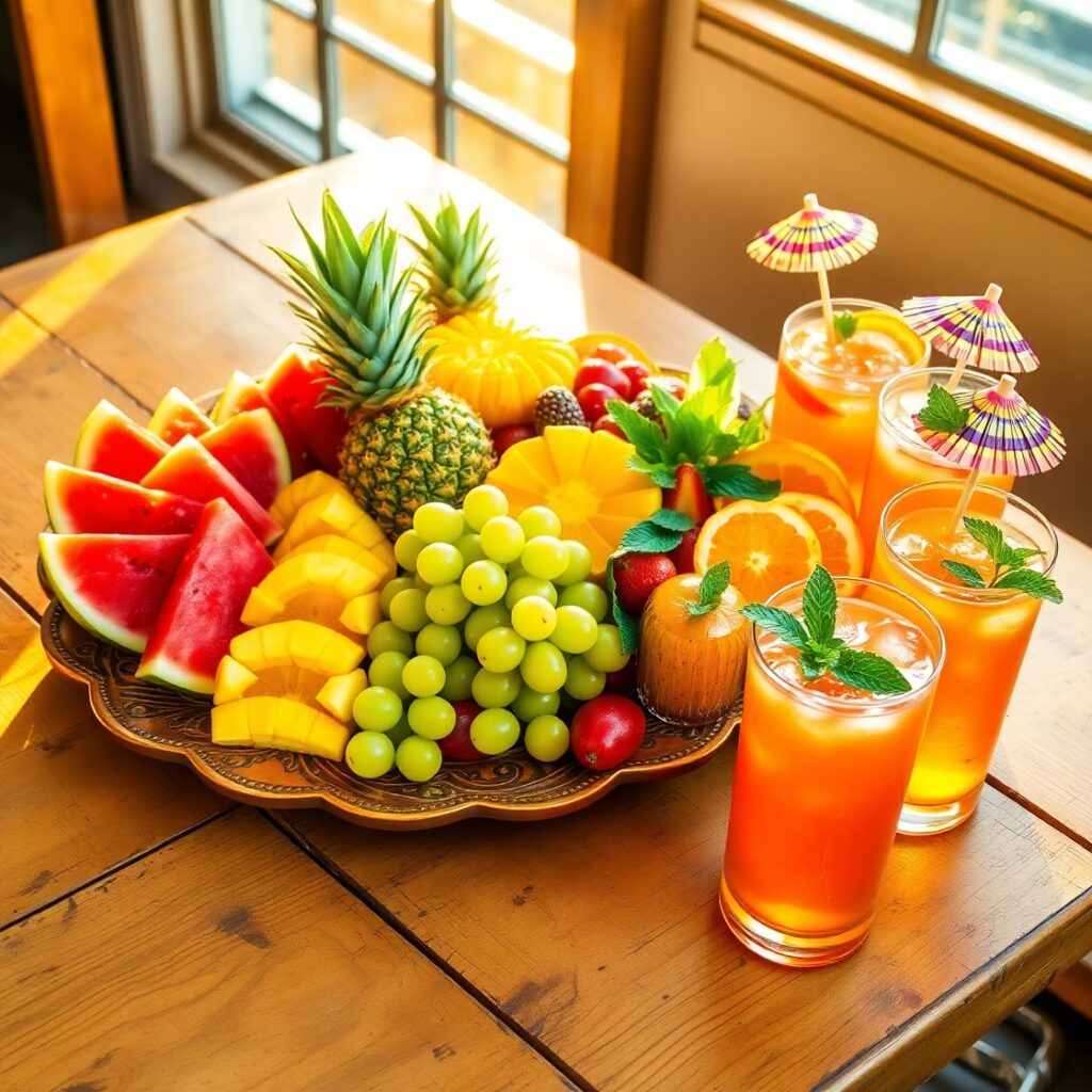 Colorful Fruit Platter with Refreshing Drinks – free AI stock image