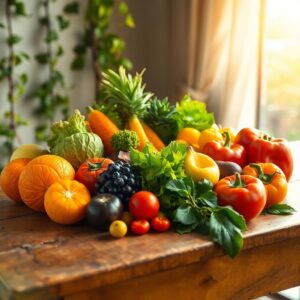 Colorful Fruits and Vegetables on a Table – free AI stock image