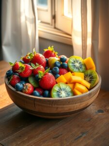 Colorful Fruits in a Rustic Wooden Bowl – free AI stock image