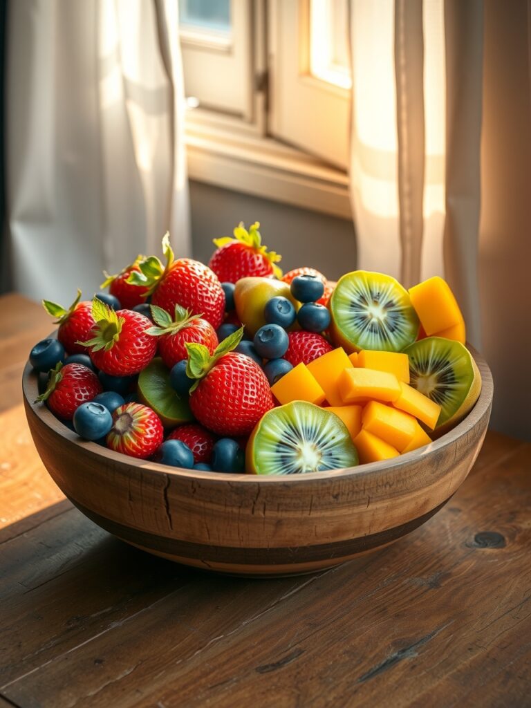 Colorful Fruits in a Rustic Wooden Bowl – free AI stock image