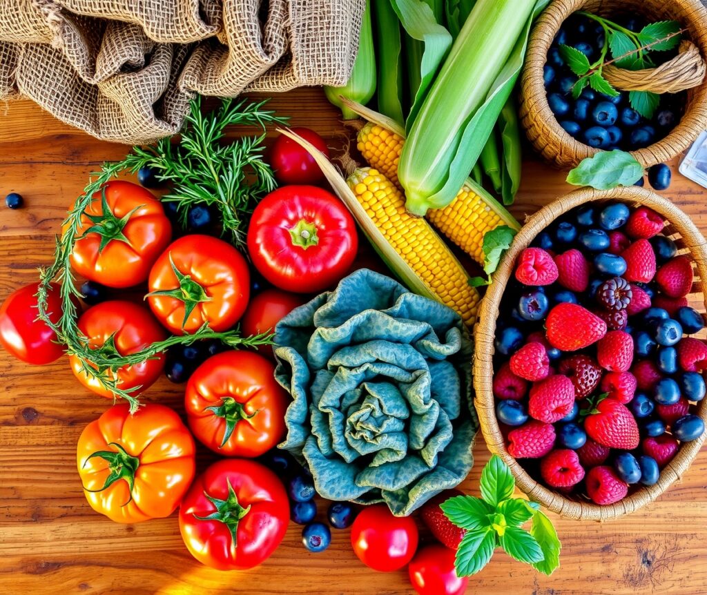 Colorful Harvest of Fresh Fruits and Vegetables – free AI stock image