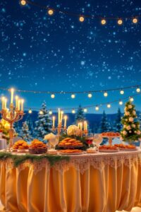 Colorful Holiday Celebrations with Lights and Food – free AI stock image
